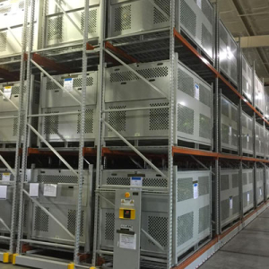 Parachute Storage containers on compact mobile storage racking