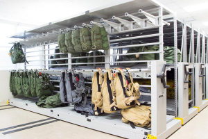 Military Gear Storage on Heavy-Duty Mobile Shelving