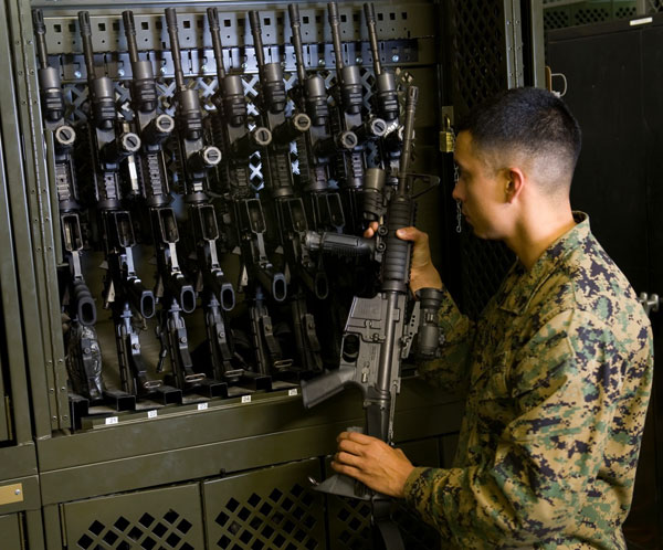M16 weapons storage in universal weapons rack