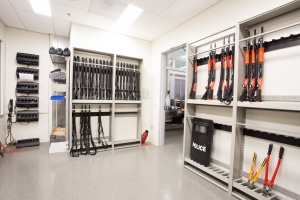 Weapons room storing riot gear, guns and tasers at San Francisco Police Department