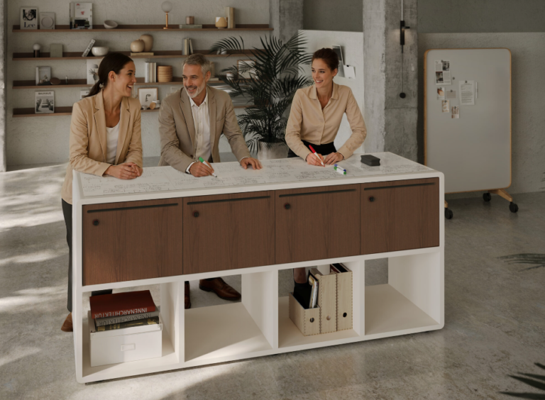 Arraya’s lockers are part of a vertical, three-level design that supports storage as a structured, integrated element.