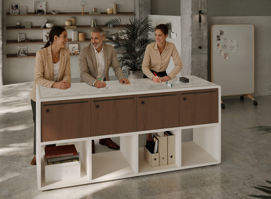 Arraya’s lockers are part of a vertical, three-level design that supports storage as a structured, integrated element.
